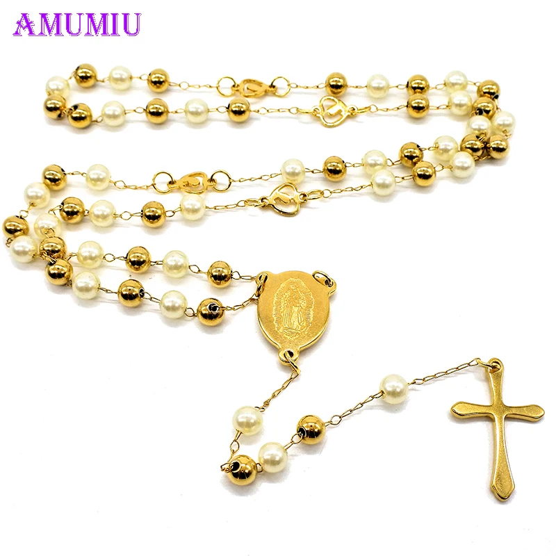 

AMUMIU Gold&White Long Rosary Necklace New Fashion 6mm Beads Cross Pendant For Men Women Stainless Steel Catholic Jewelry N015A