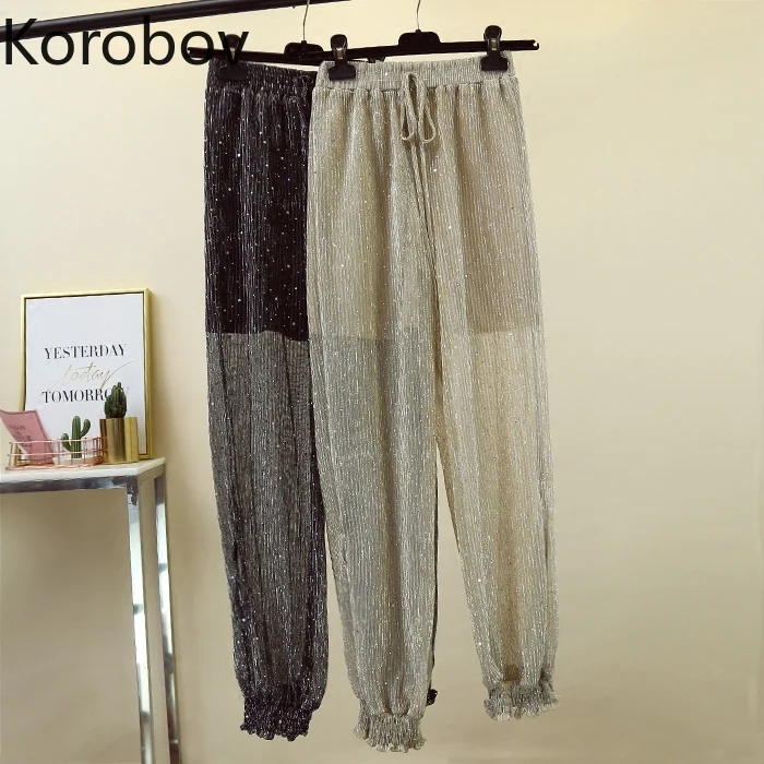 

Korobov 2019 Summer New Arrival Women Harem Pants Elastics High Waist Lacing Trousers Pants Korean Lurex Hollow Out Pants 77904