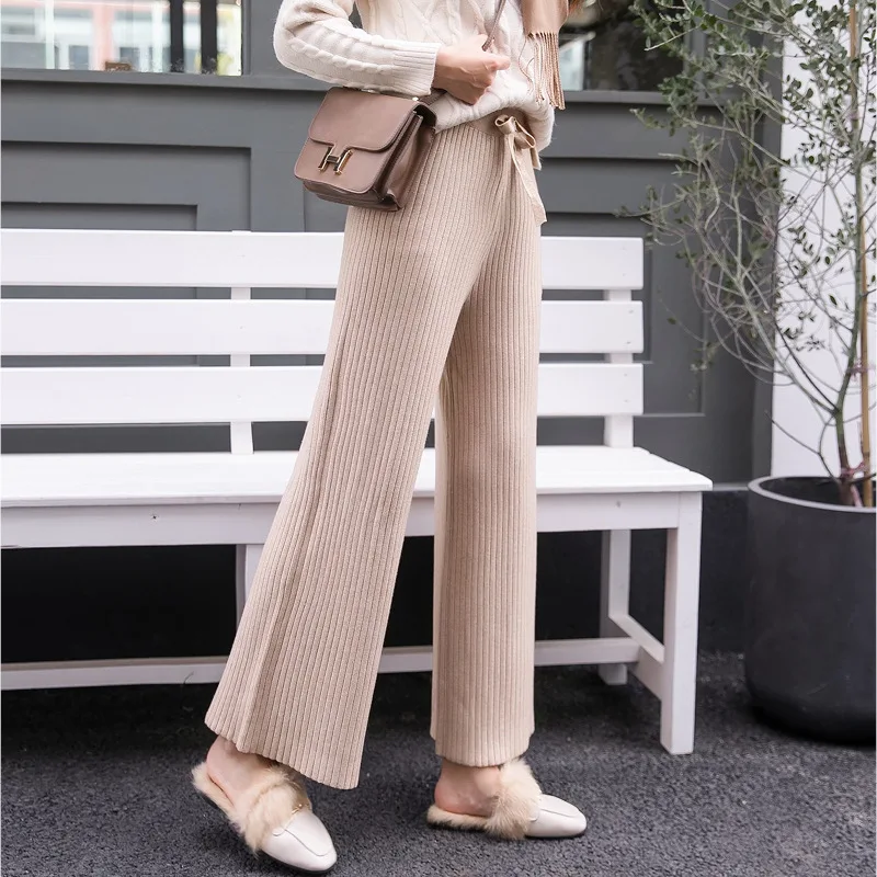 Ceny Dzianiny bawełniane wysokiej talii spodnie szerokie nogawki 2019 jesienne wełniane kaszmirowe spodnie kobiece dorywczo luźne spodnie dolne spodnie damskie