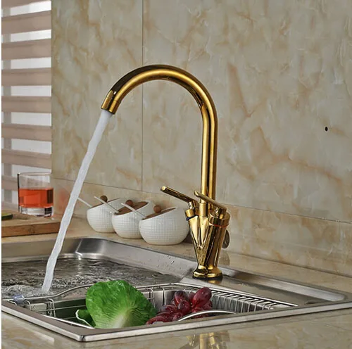 Special Offers Wideapread Golden Finish Kitchen Faucet Basin One Hole Tap Hot&Cold Faucet