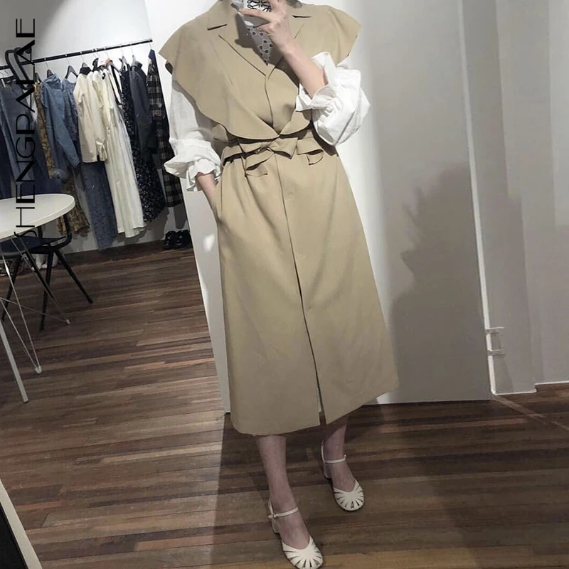 

SHENGPALAE New Spring Autumn Koraa Style Sleeveless Patchwork Mid-calf With Ruffles Turn-down Collar Women Loose Dress FR812