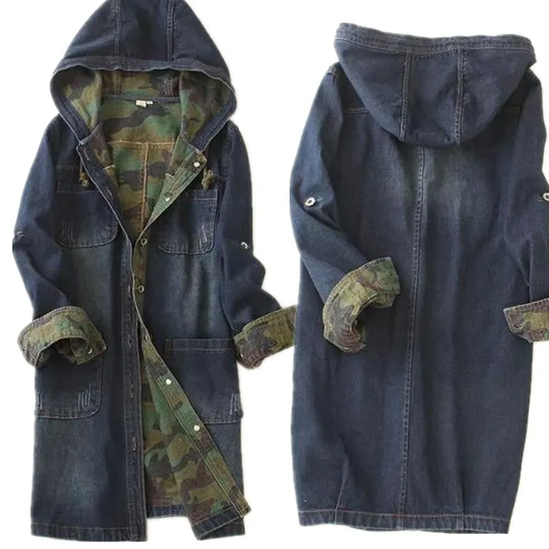 

Female Autumn Spring Single-breasted Long Denim Hooded Jacket Camouflage High Quality Women Denim Jacket Spell Color Coat