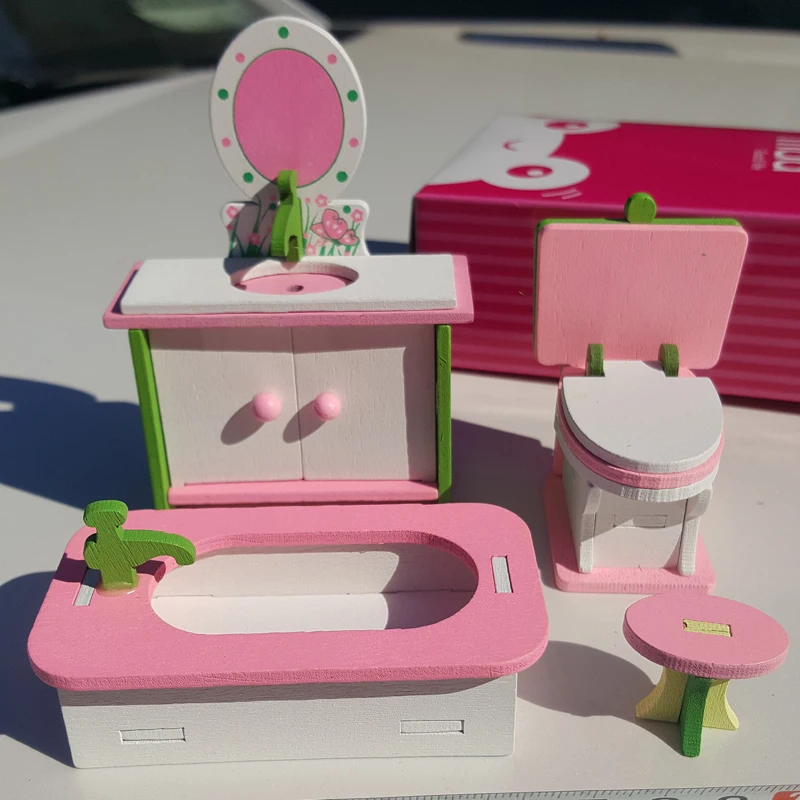 W003 جديد أطفال هدية لعبة أطفال خشبية أثاث بيت الدمية مجموعة diy ألعاب تعليمية الحمام 1 مجموعة