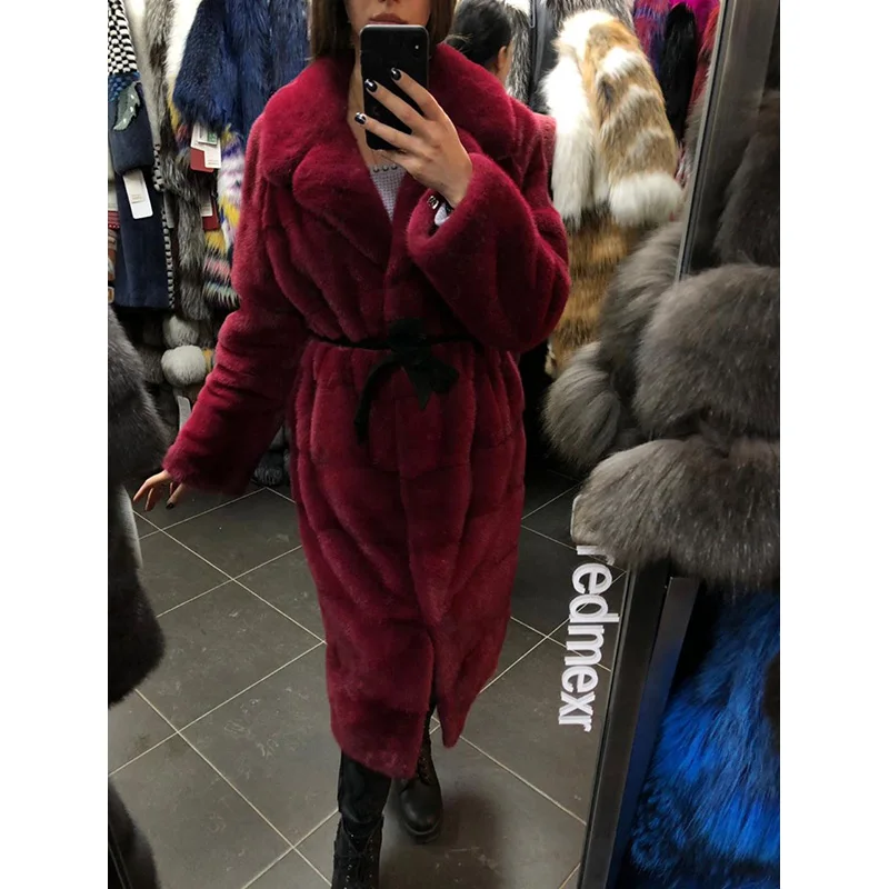 FURSARCAR Новинка роскошный красный натуральный мех норки отложной воротник зимние пальто для женщин натуральный мех пальто для женщин пальто размера плюс