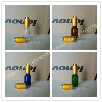 

15ml clear/blue/green/brown shiny Glass Bottle With aluminum matte gold press dropper cap. Oil vial, Essential Oil Container