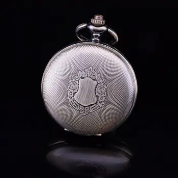 

Full Hunter Bronze Tone Shield Theme Skeleton Roman Numerals Wind Up Mens Pocket Watch W/Chain Relogio De Bolso