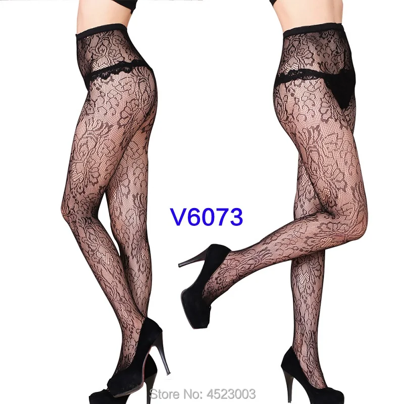 Women Tights Stockings Female Thigh High Fishnet Embroidery Transparent Pantyhose Lady Black Mesh Hosiery - Цвет: V6073