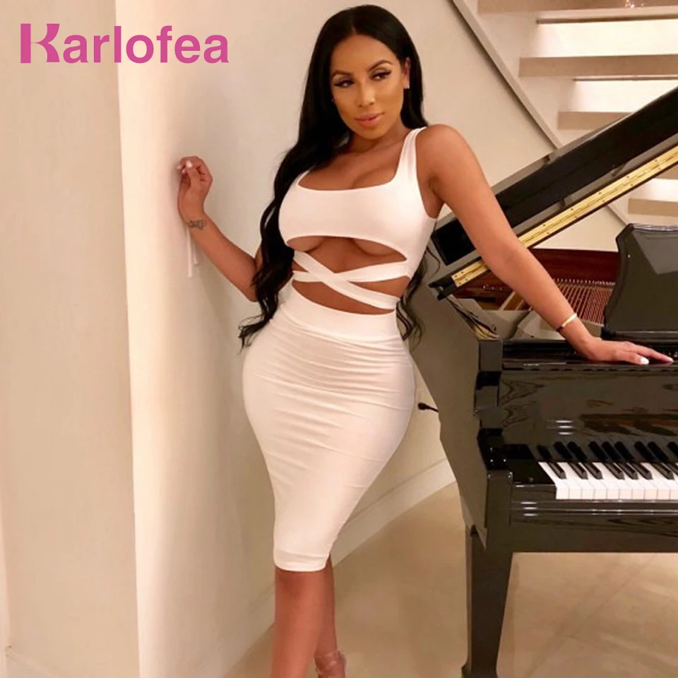 

Karlofea Sexy Two Piece Dress For Women Fashion White Black Red Bodycon Club Night Party Wear New Waist Cross Lace Up Slim Dress