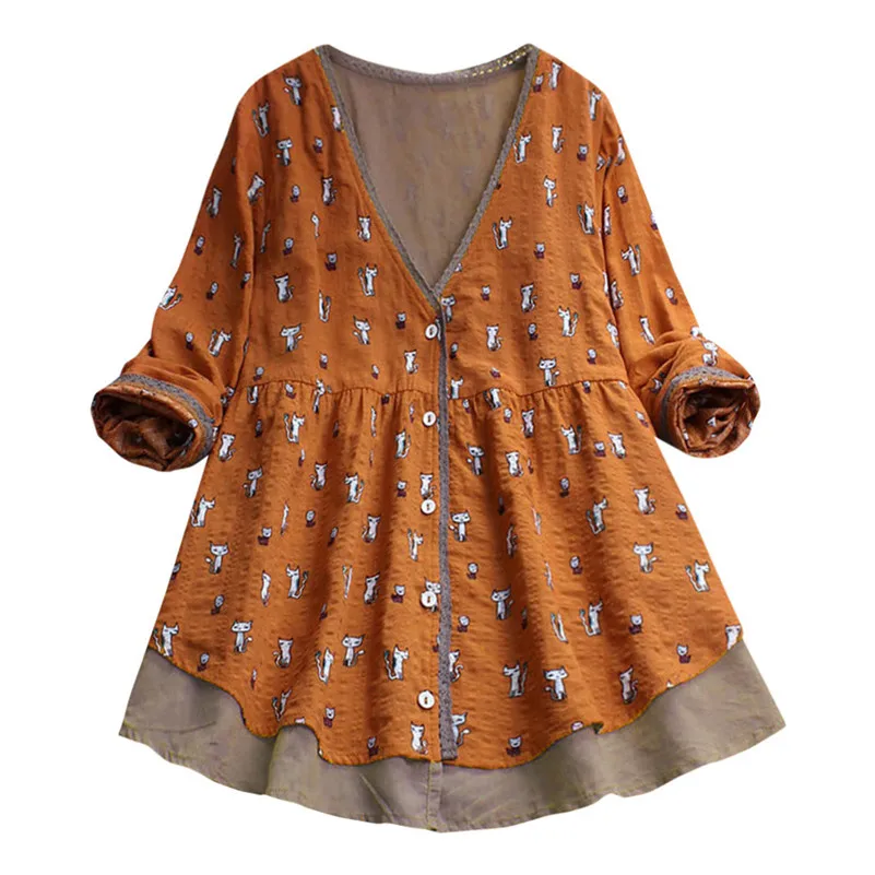 

Womens Cotton And Linen Lace Print Button V Neck Long Sleeve Cute Tunic Blouse Mujer De Moda Camisa Feminina Roupas CamisaD4