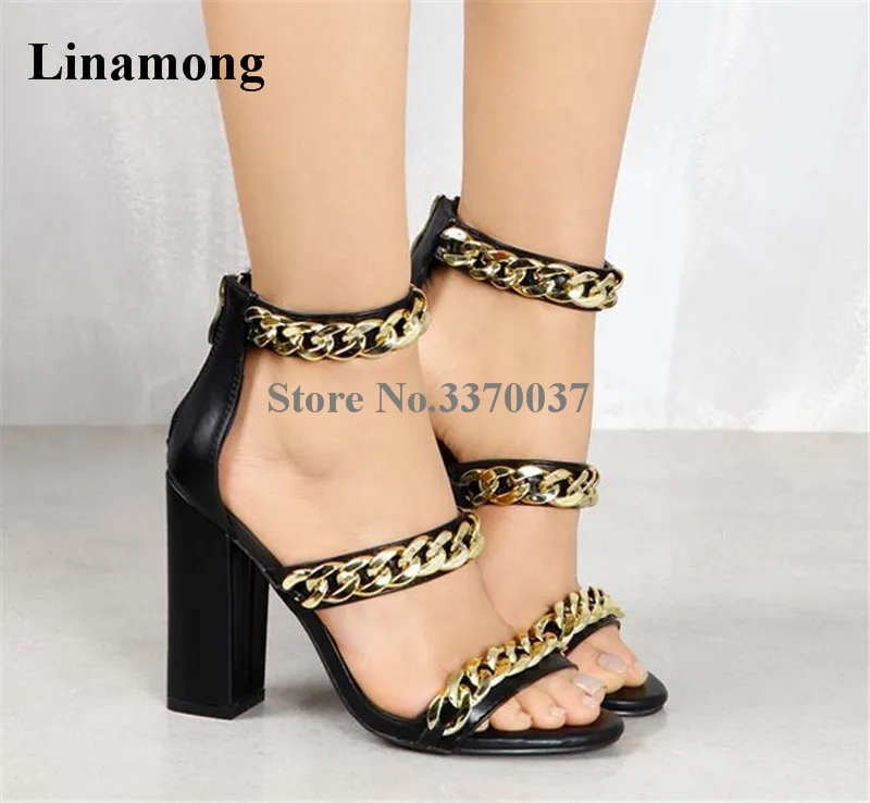 Newest Women Fashion Open Toe Gold Chain Design Chunky Heel Sandals