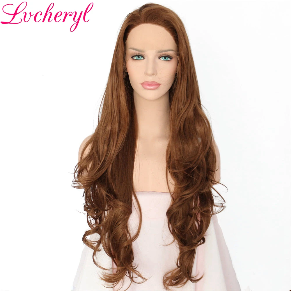 

Lvcheryl Long Natural Wave Style Brown Color Hand Tied High Density Heat Resistant Hair Synthetic Lace Front Wigs for Women
