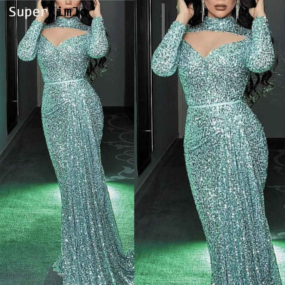 SuperKimJo Arabic Evening Dresses Long Sleeve High Neck Sequin Evening Gown 2019 Abendkleider Vestidos De Festa Longo SuperKimJo Arabic Evening Dresses Long Sleeve High Neck Sequin Evening Gown 2019 Abendkleider Vestidos De Festa Longo