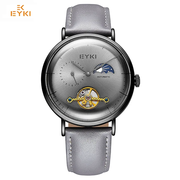 Бренд EYKI, мужские механические часы с полым маховиком, мужские классические черные кожаные часы с функцией Луны и звезды, большой циферблат, деловые часы - Цвет: gray watch