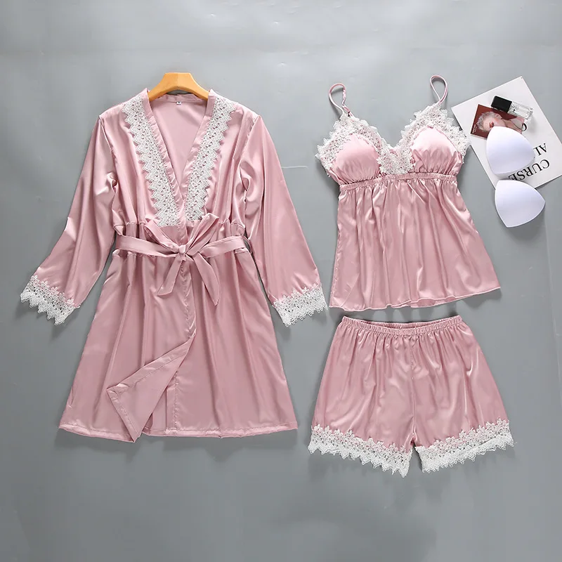 

Pink Faux Silk Pajamas Womens 3PC Strap Top Pants Suit Sleepwear Sets Casual Home Wear Nightwear Sexy Robe Bath Gown M L XL