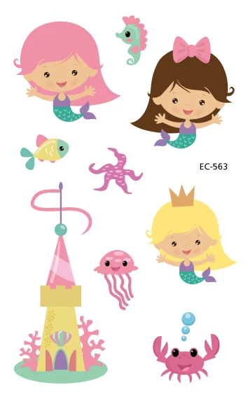 Горячая Русалка Дизайн татуировки Временные водонепроницаемые рыбы девушка принцесса мультфильм маленькие поддельные татуировки для детей девочек - Цвет: EC-563