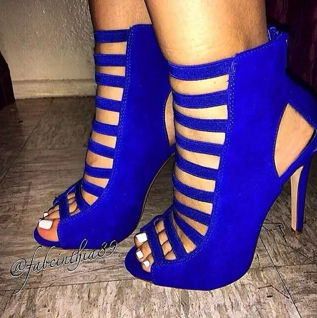Turquoise blue suede gladiator ankle booties elegant strappy hollow out high cut thin heel