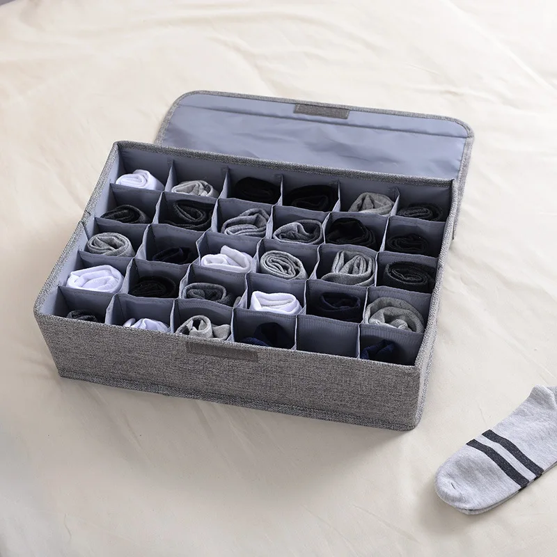 30 Gird Cotton Linen Drawer Organizers Underwear Storage Box Bra Underwear Socks Drawer Divider Container Wardrobe Storage Boxes