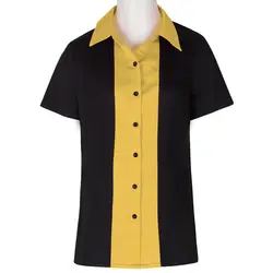 Черного, желтого цвета офисные Для женщин рубашки универсальные хорошее качество короткий рукав леди Повседневное хлопковые топы Femme Blusa