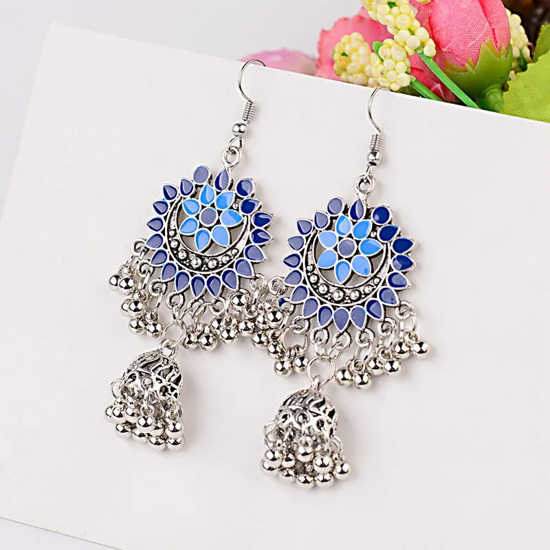 

OIQUEI Boho Ethnic Long Small Bell Drop Tassel Earrings For Women Handmade Hollow Flower Caved Dangling Earring Indian Jewelry