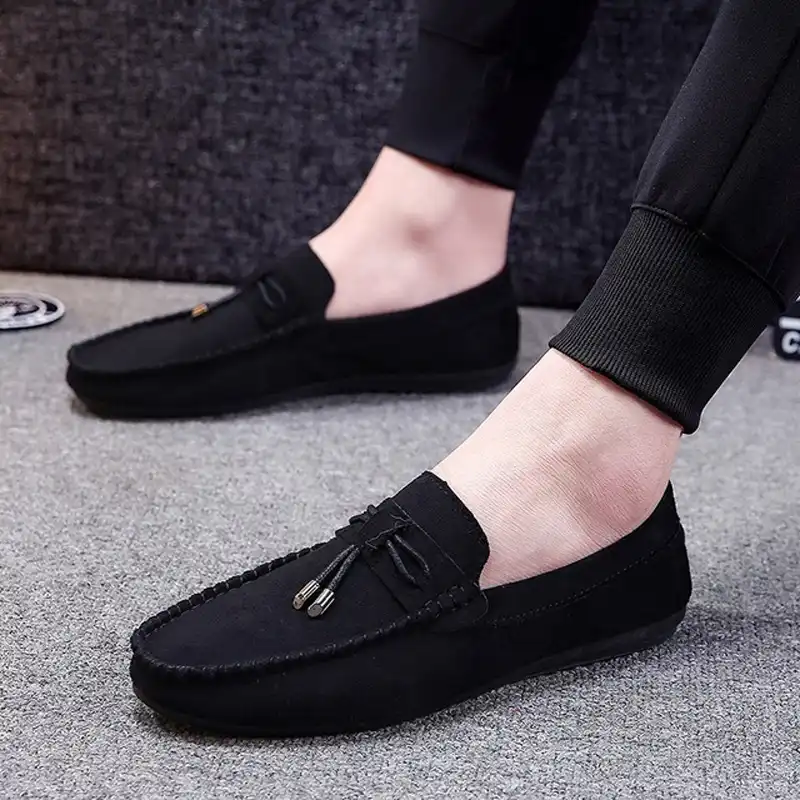 black suede driving loafers