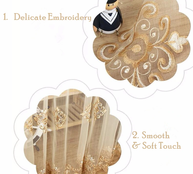 Luxury European Water Soluble Embroidery Sheer Curtain for Living room Tulle Bottom Gold Lacework Window Screen Custom WP160H