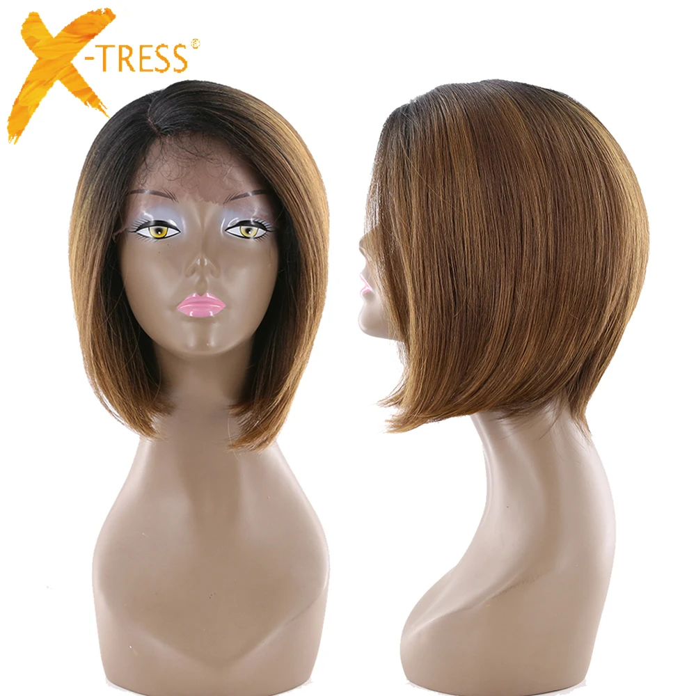 Short Straight Bob Lace Wig With Baby Hair Side Part X-TRESS Ombre Brown Color Lace Front Synthetic Hair Wigs For Black Women
