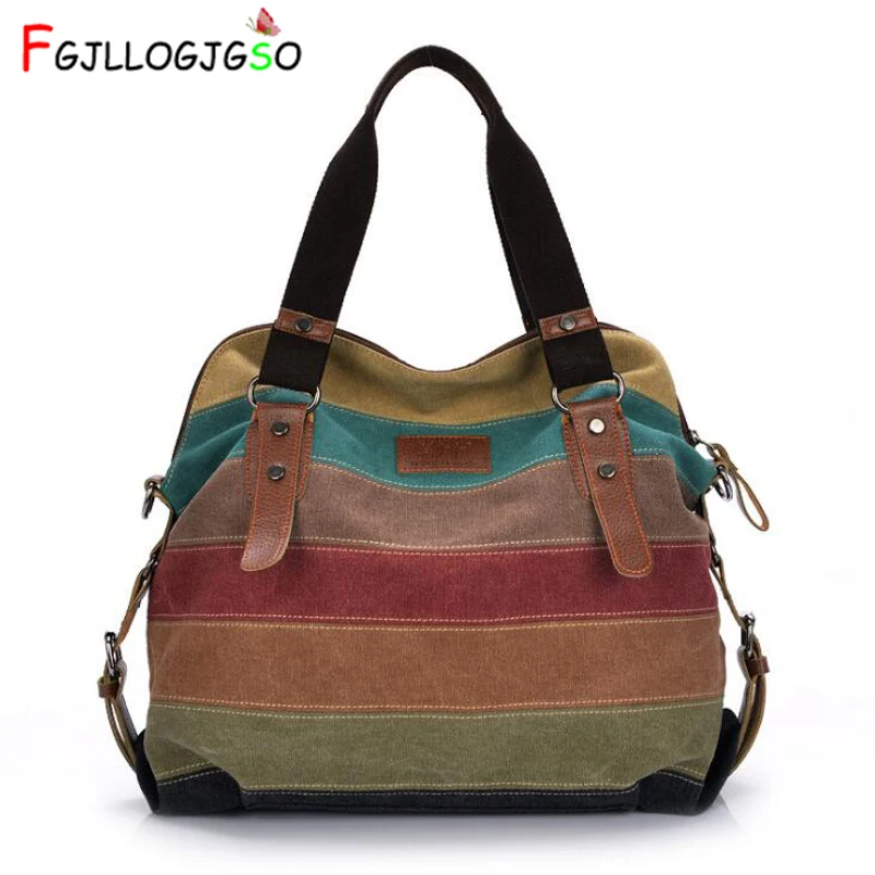 

FGJLLOGJGSO Fashion Canvas Bag Brand Women Handbag Patchwork Casual Women Shoulder Bags Female Messenger Bag Rainbow Purse Pouch