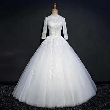 

Holievery Vintage High Neck Ball Gown Wedding Dresses with Lace Appliques 2019 Long Sleeves Wedding Gowns Backless