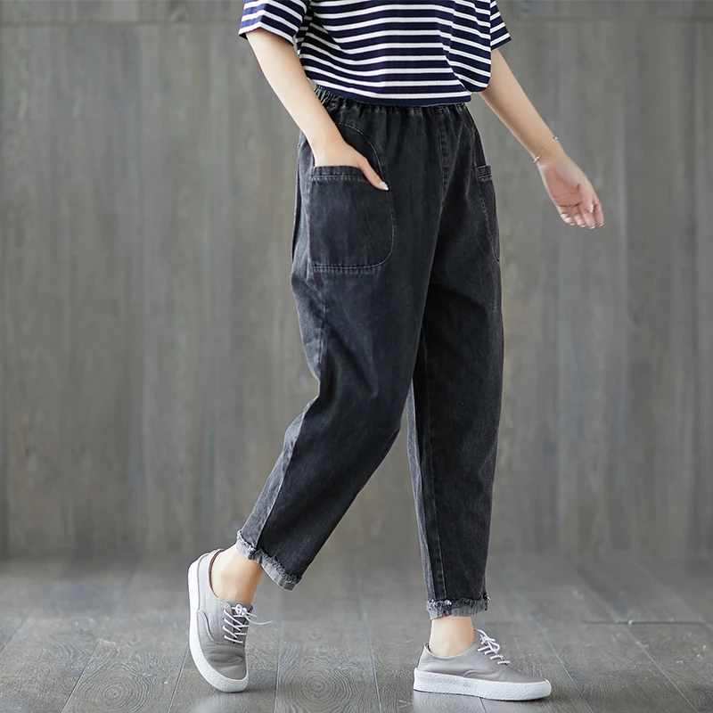 

2018 Autumn Winter New Women Black Jeans Cotton Denim Harem Pants Elastic Waist Boyfriend Loose Wide Leg Pants Femme Trousers
