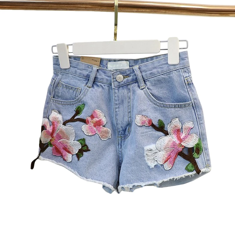 

2018 New Women Summer Shorts Rose Floral Embroidery Denim Shorts Ripped High Waist Irregular Shorts Female #5027