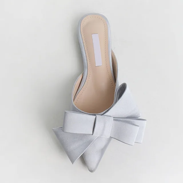 2018 spring and summer women's shoes Korean silk satin Pointed bow tie slippers Baotou flat heel sets semi slippers silvery(high 1.5cm)