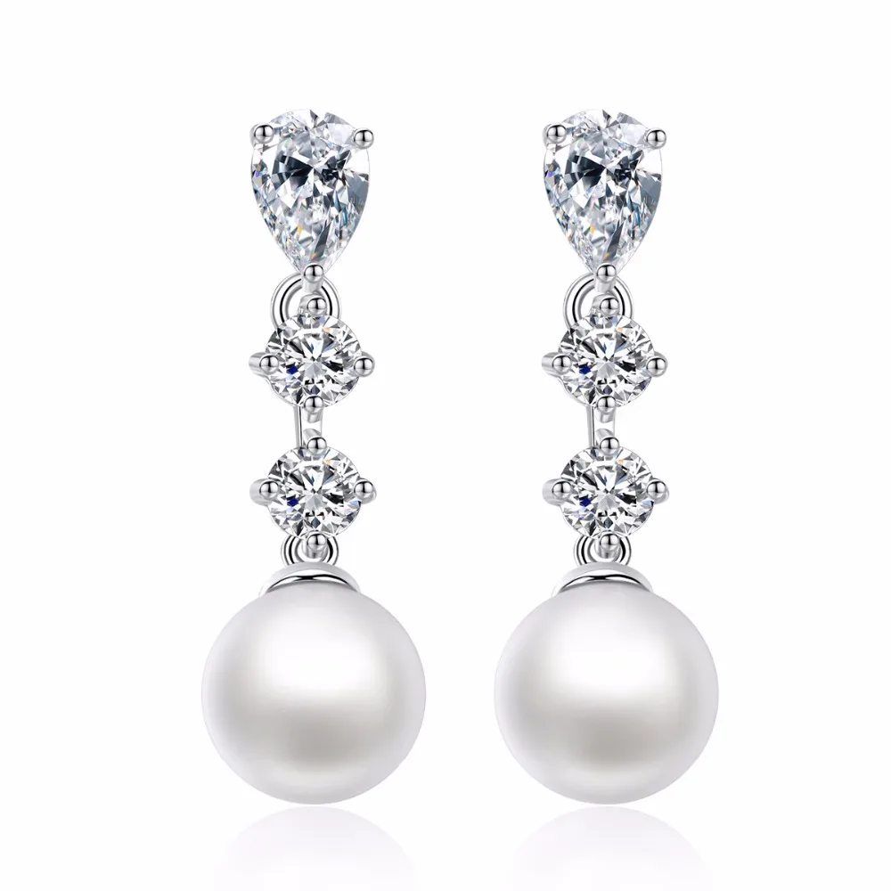 Fashion Cheap Dangle Zircon Imitation Pearl Stud Earrings White Gold