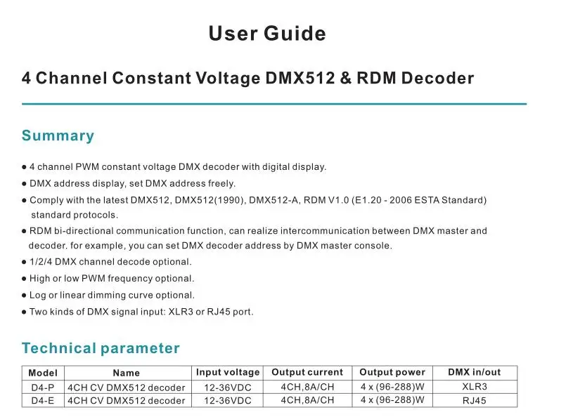 Модель # D4-P; 4 канала постоянного Напряжение DMX512 и RDM декодер