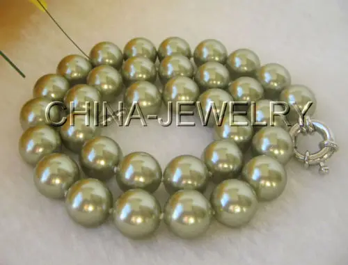 

Free shipping >>>>>Beautiful 17" 12mm perfect round green south sea shell pearl necklace