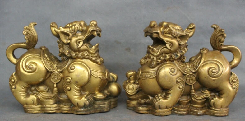 

JP S0610 8" Chinese Brass RuYi Ball Lion PiXiu Unicorn On Wealth YuanBao Coin Statue Pair