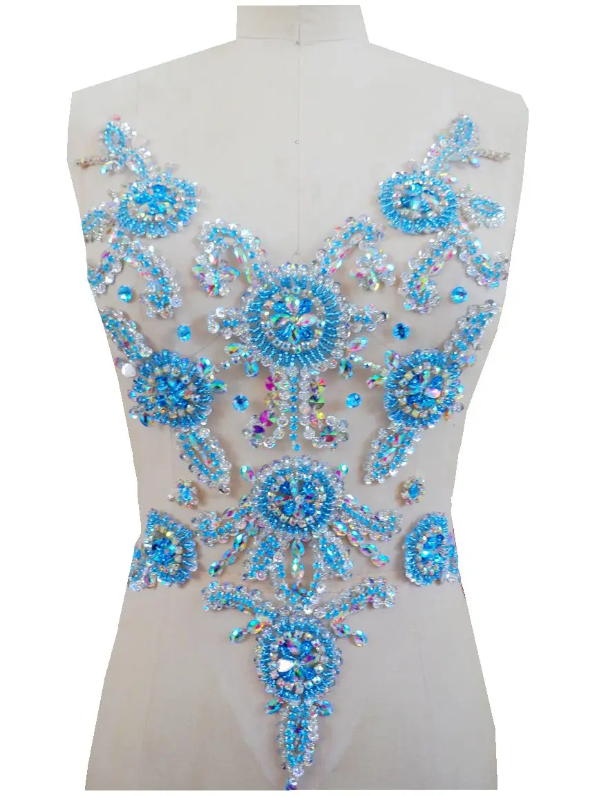 

A29 Handmadesky blue/clear AB colour sew on Rhinestones applique on mesh crystal patches with stones sequins beads 45*35cm