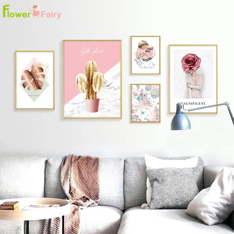 Abstract Girl Flower Pink Cactus Quotes Wall Art Canvas Painting Geometric Nordic Poster Wall Pictures For Living Room Unframed