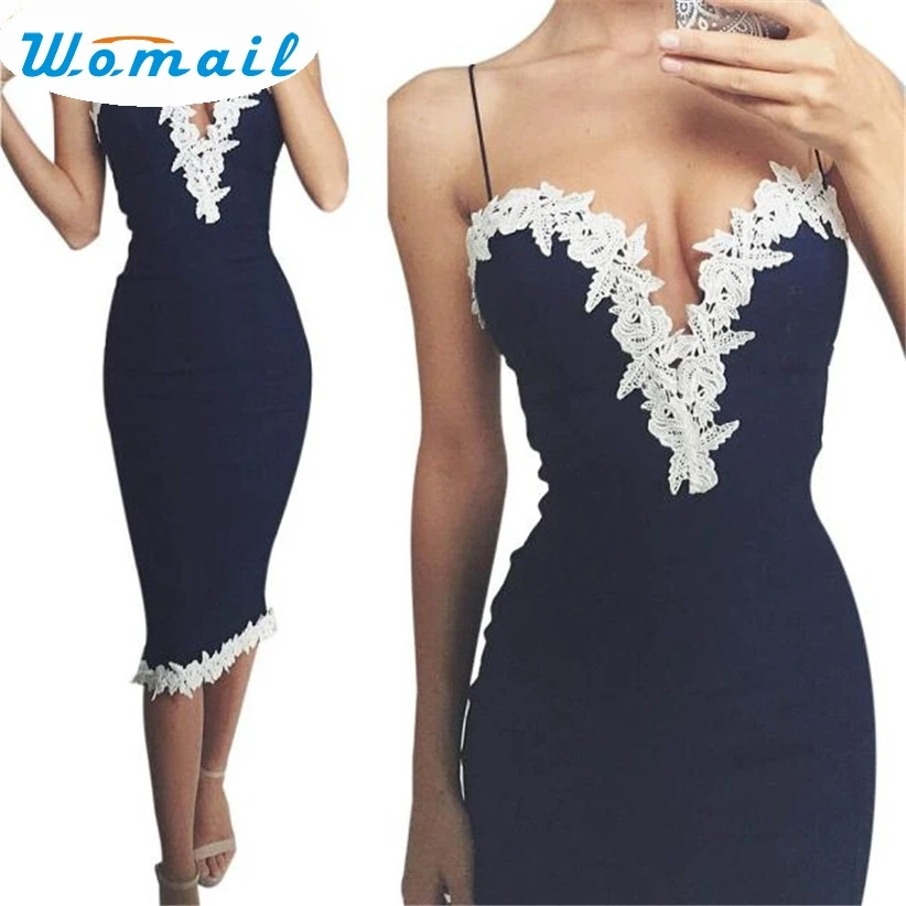 

Womail Newly Design Women Sexy Bodycon V Neck Floral Lace Strap Evening Party Ladies Navy Blue Dress 160819 Drop Shipping oct30