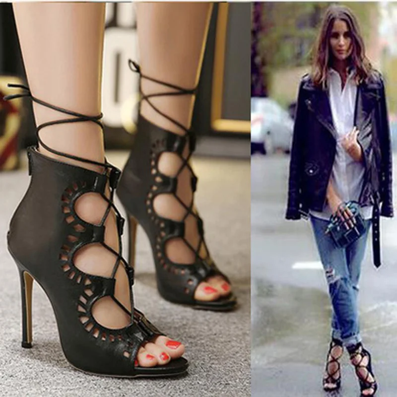 Women Pumps Brand Designer High Heels Cut Outs Lace Up Open Toe Party