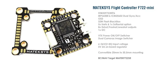 $36.76  Matek Systems Mateksys F722-Mini OSD Dual Gyro/Acc 32M Flash 5V/2A BEC Flight Controller for RC FPV