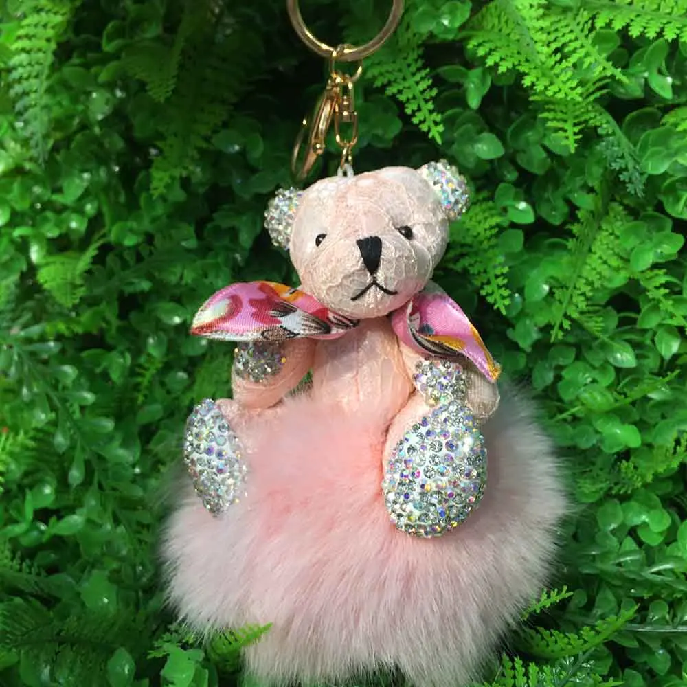 

Fashion Keychain Fox Fur with Bear Keychain Car Pendant Genuine Fox Fur PomPom Keychain Fashion PomPom Bag Charm