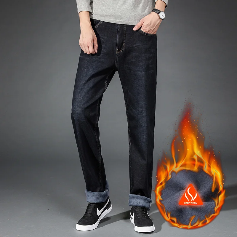 Теплые флисовые джинсы для мужчин s зима высокое качество известный бренд бархатные джинсовые брюки Флокирование теплые мягкие мужские брюки 40 42 44 большой размер - Цвет: blue black