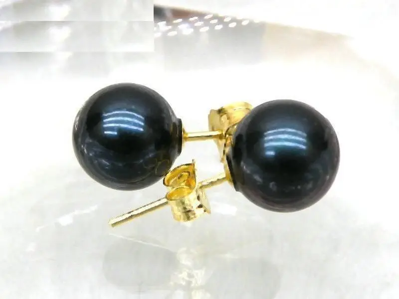 

free shipping PERFECT ROUND BLACK 10-11MM AAA Freshwater PEARL EARRING 14k/20