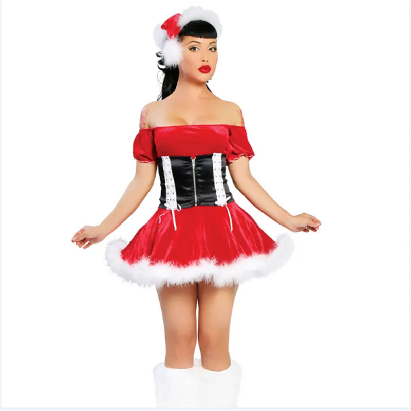 2017 new word shoulder red dress white flash velvet santa discount christmas village pieces