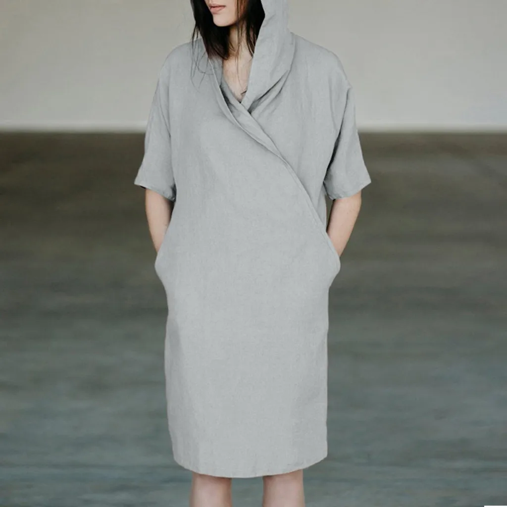 

Feitong Autumn Dresses Women Plus Size Casual Patchwork Half Sleeved Cotton Linen Dress Streetwear Oversize Tunic Vestidos