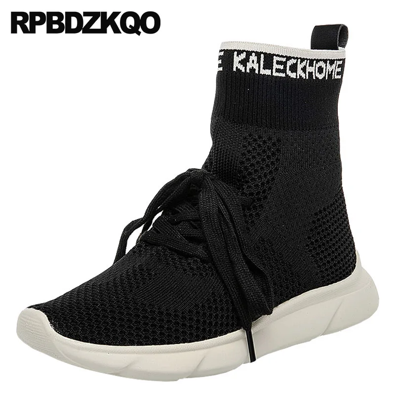 

sock flat shoes designer casual knit short booties black women mesh female summer front lace up ankle boots autumn round toe
