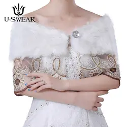 U-SWEAR 2018 Новое поступление искусственного меха Флора кружева патч работа Для женщин свадебные куртки Свадебные палантины шали алмазные