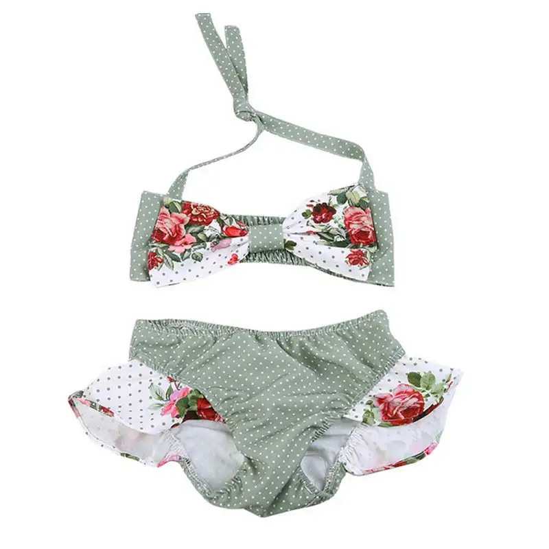 Summer Children Swimwear Set Bowknot Printed Halter Swimsuit Elastic Floral Baby Kids Bikini Girl Bathing Suit