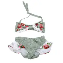 Summer Children Swimwear Set Bowknot Printed Halter Swimsuit Elastic Floral Baby Kids Bikini Girl Bathing Suit