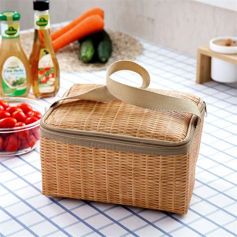Portable Imitation Rattan Lunch bag Thicker insulated bag Insulated Canvas Lunch Bag Fold Thermal Food Storage